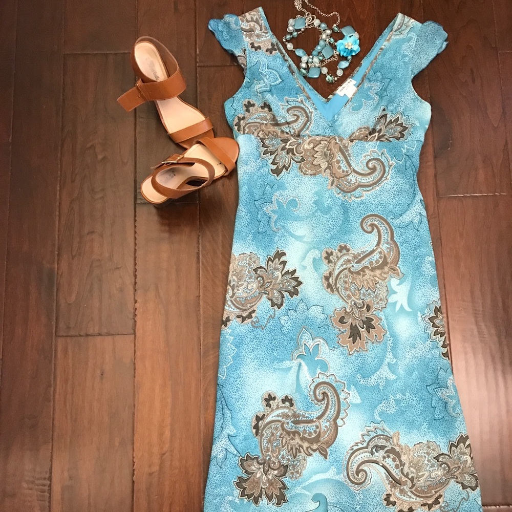 Studio Soleil turquoise, cap sleeve sheath dress.
